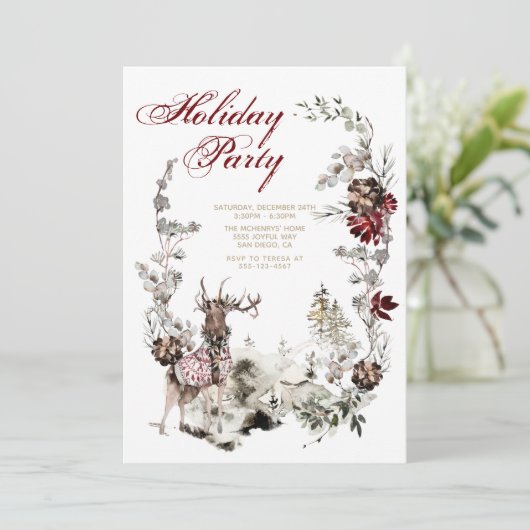 Woodland Joy Kerstdeer Floral Holiday Party Kaart (Staand voorkant)
