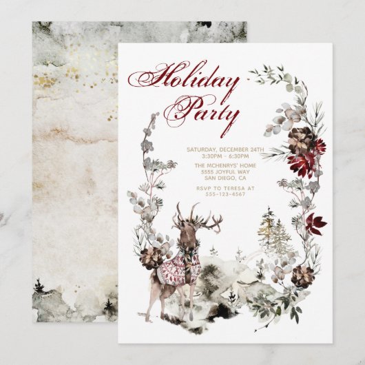 Woodland Joy Kerstdeer Floral Holiday Party Kaart (Voorkant / Achterkant)