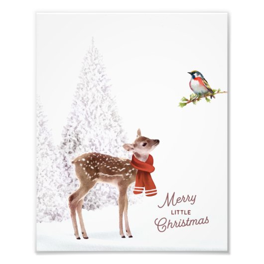 Woodland Kerstdeer en Bird Wall Art Foto Afdruk (Voorkant)