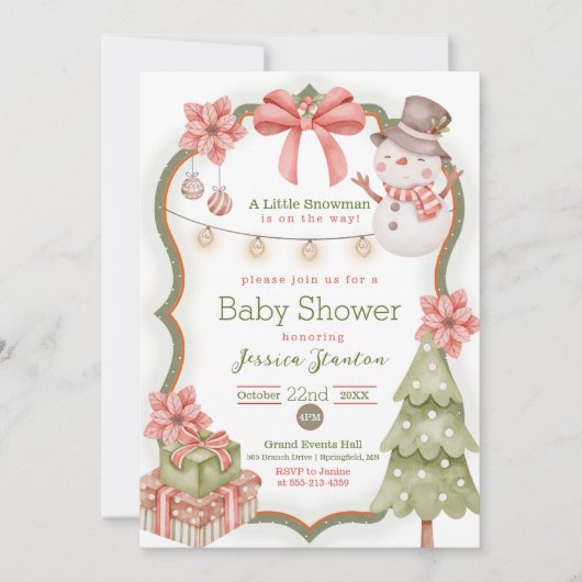 Woodland Kerstmis Snowman Baby shower Uitnodiging (Voorkant)