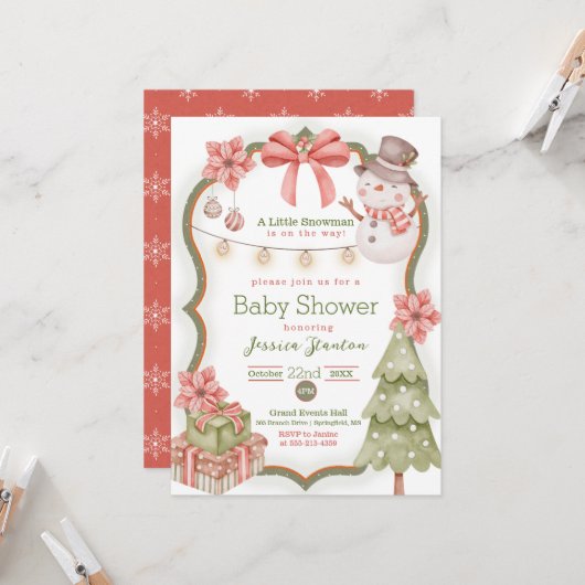 Woodland Kerstmis Snowman Baby shower Uitnodiging (Voorkant / Achterkant in situ)