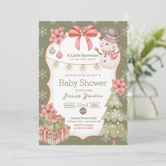 Woodland Kerstmis Snowman Baby shower Uitnodiging (Staand voorkant)