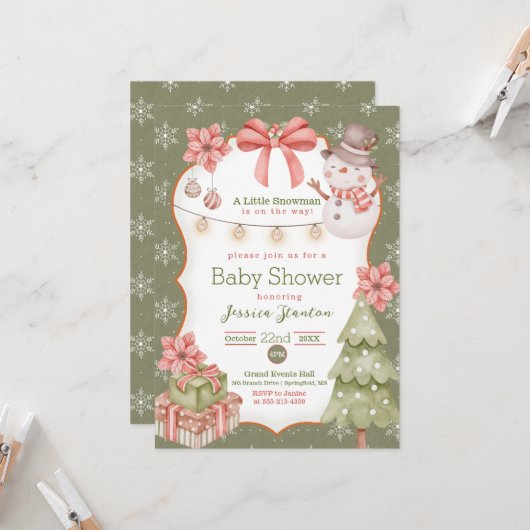 Woodland Kerstmis Snowman Baby shower Uitnodiging (Voorkant / Achterkant in situ)