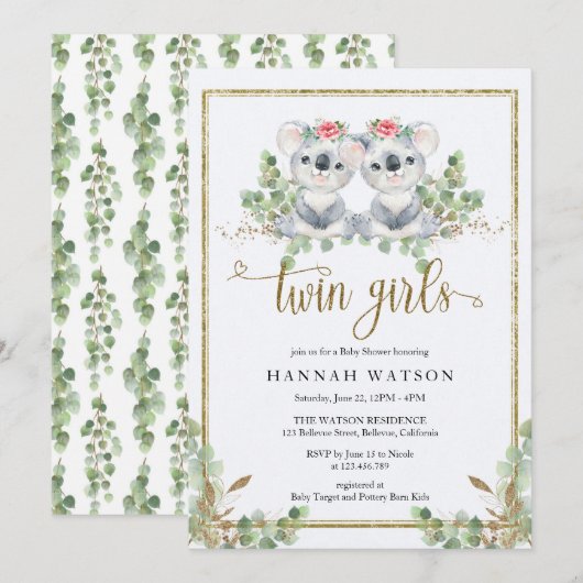 Woodland Koala Eucalyptus Pink Roses Baby shower Kaart (Voorkant / Achterkant)