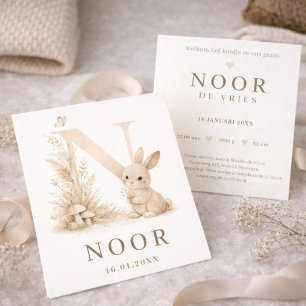 Woodland Konijntje Monogram N Neutraal Geboorte Kaart