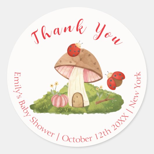 Woodland Ladybug Mushroom Baby shower Bedankt Ronde Sticker (Voorkant)