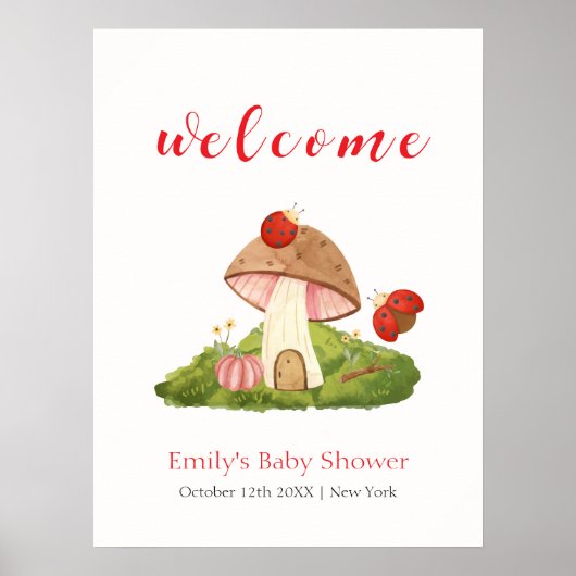 Woodland Ladybug Mushroom Baby shower Welkom Poster (Voorkant)