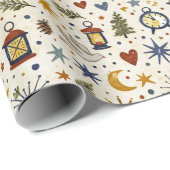 Woodland Lantern Winter Folk Pattern Cadeaupapier (Rol Hoek)