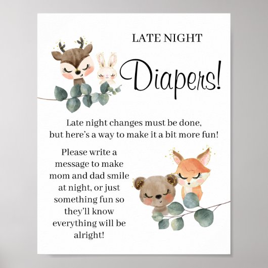 Woodland Late Night Diaper Baby shower game-teken Poster (Voorkant)