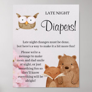 Woodland Late Night Diaper Baby shower game-teken Poster