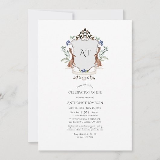 Woodland Laurel Crest Monogram Celebration of Life Kaart (Voorkant)