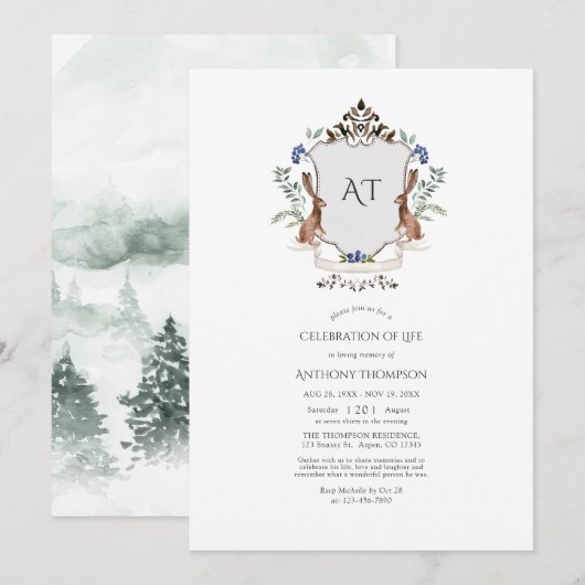 Woodland Laurel Crest Monogram Celebration of Life Kaart (Voorkant / Achterkant)