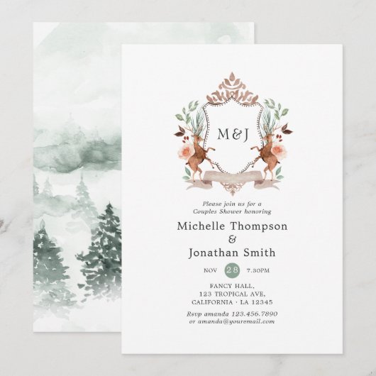 Woodland Laurel Crest Monogram Couples Shower Kaart (Voorkant / Achterkant)
