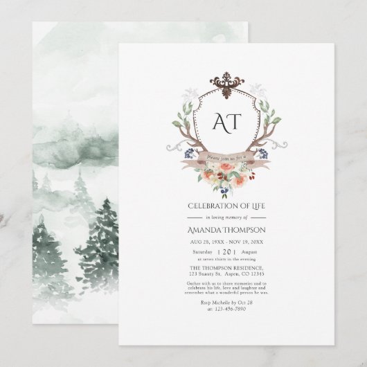 Woodland Laurel Crest Monogram Herdenking van het Kaart (Voorkant / Achterkant)