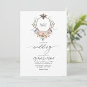 Woodland Laurel Crest Monogram QR Code Huwelijk Kaart (Staand voorkant)