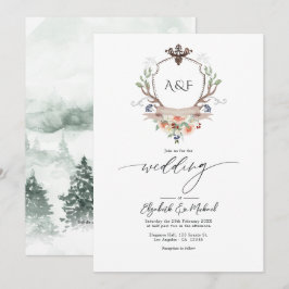 Woodland Laurel Crest Monogram QR Code Huwelijk Kaart