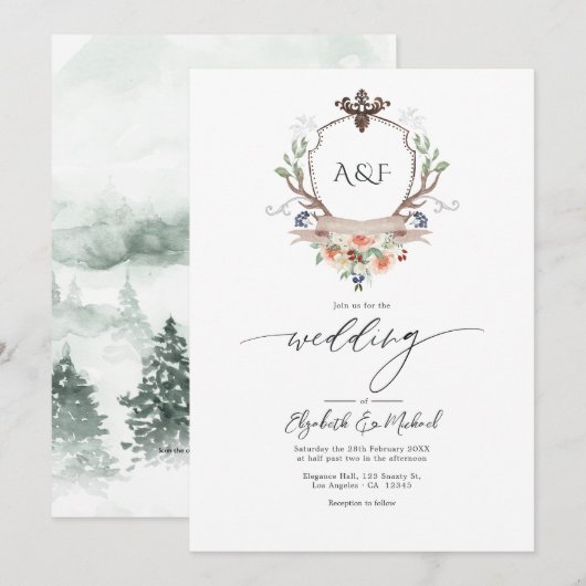 Woodland Laurel Crest Monogram QR Code Huwelijk Kaart (Voorkant / Achterkant)