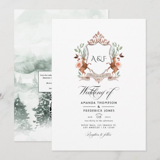 Woodland Laurel Crest Monogram QR Code Huwelijk Kaart (Voorkant / Achterkant)