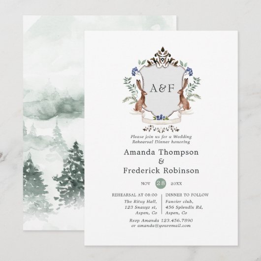 Woodland Laurel Crest Monogram Rehearsal Dinner Kaart (Voorkant / Achterkant)