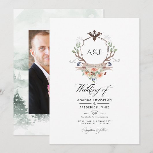 Woodland Laurel Crest Monogram Trouwfoto Kaart (Voorkant / Achterkant)