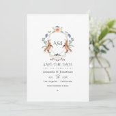 Woodland Laurel Crest Monogram Trouwfoto Save The Date (Staand voorkant)
