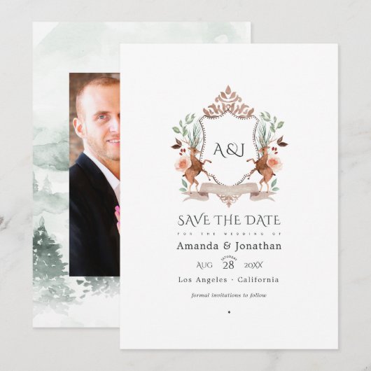 Woodland Laurel Crest Monogram Trouwfoto Save The Date (Voorkant / Achterkant)