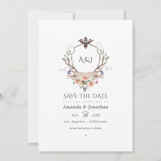 Woodland Laurel Crest Monogram Weddenfoto Save The Date (Voorkant)