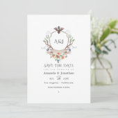 Woodland Laurel Crest Monogram Weddenfoto Save The Date (Staand voorkant)