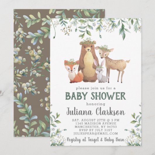 Woodland Leaves Baby shower Invitation Kaart (Voorkant / Achterkant)