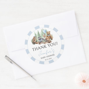 Woodland lichtblauw bos baby jongen douche ronde sticker