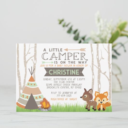 Woodland Little Camper Teepee Baby shower Kaart (Staand voorkant)