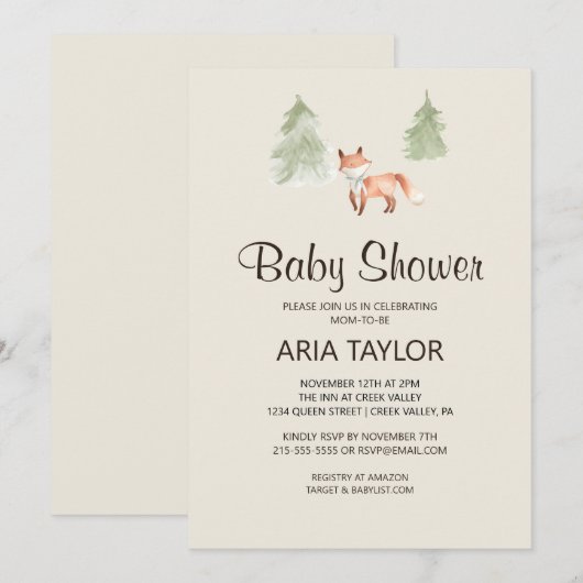 Woodland Little Fox Baby shower Kaart (Voorkant / Achterkant)