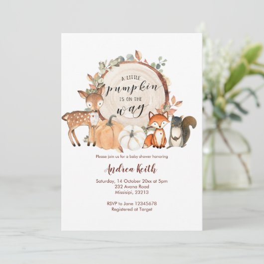 Woodland Little Pumpkin is onderweg Baby shower Kaart (Staand voorkant)