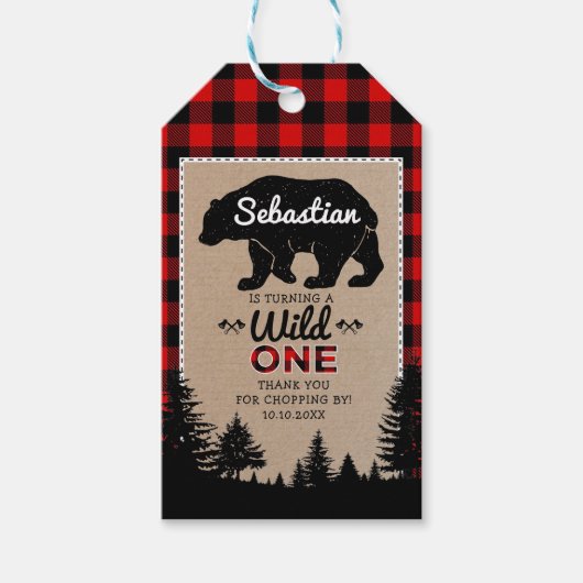 Woodland Lumberjack Beer Wild Een 1e Verjaardag Cadeaulabel (Voorkant)