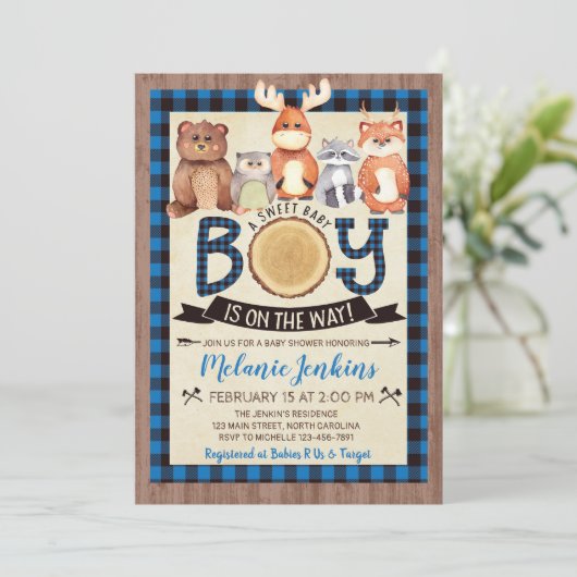 Woodland Lumberjack Boy Baby shower Uitnodiging (Staand voorkant)