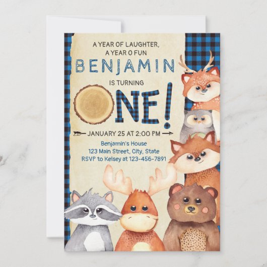 Woodland Lumberjack Eerste Verjaardag Uitnodiging (Voorkant)