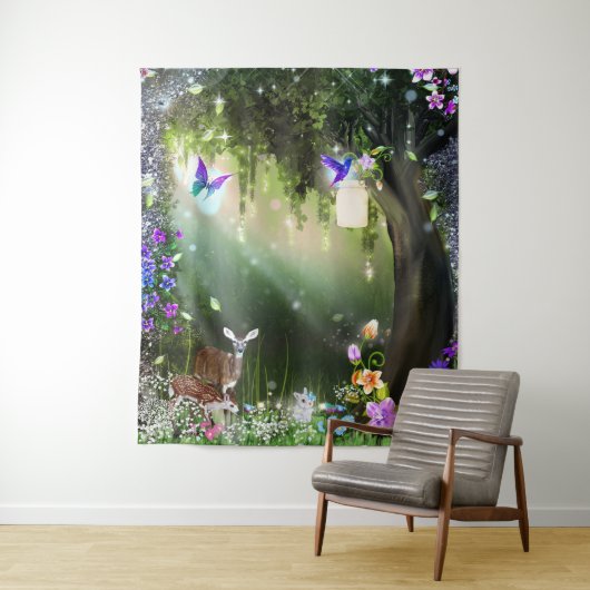 Woodland Magical Flower Forest Deer & Bunny Tapest Wandkleed (In situ)