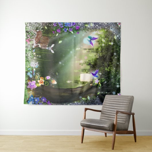 Woodland Magical Flower Forest Deer & Bunny Tapest Wandkleed (In Situ (horizontaal))