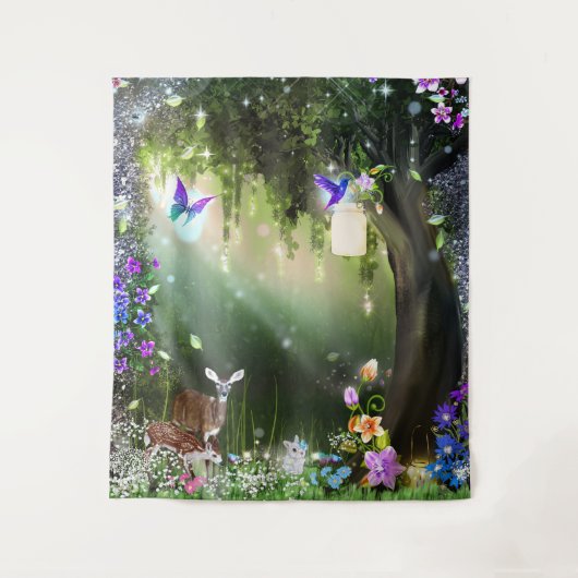 Woodland Magical Flower Forest Deer & Bunny Tapest Wandkleed (Voorkant)