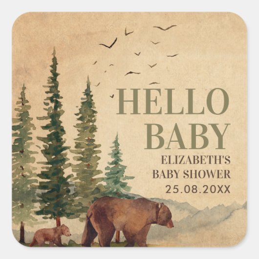 Woodland Mama Beer & Cub Baby shower Vierkante Sticker (Voorkant)