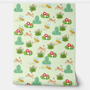 Woodland Meadow Nursery Wallpaper – Bunnies, Bijen Behang