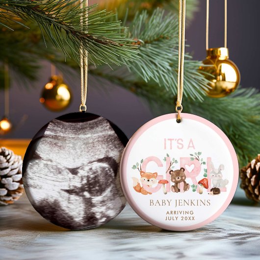 Woodland Meisje Baby Aankondiging Kerstmis Keramisch Ornament