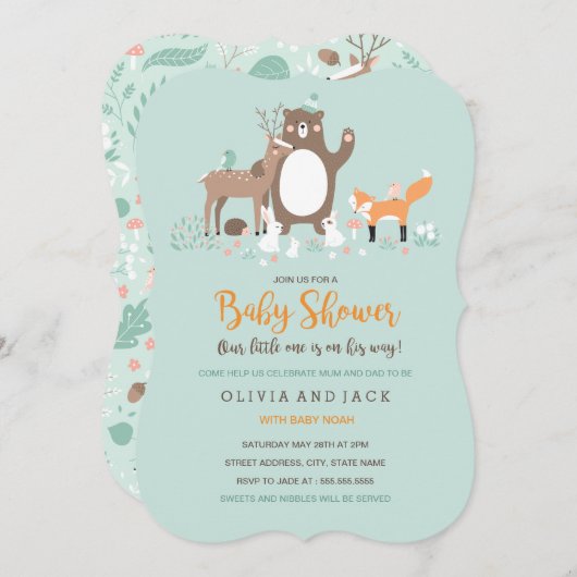 Woodland Mint en Oranje Baby shower Invite Kaart (Voorkant / Achterkant)