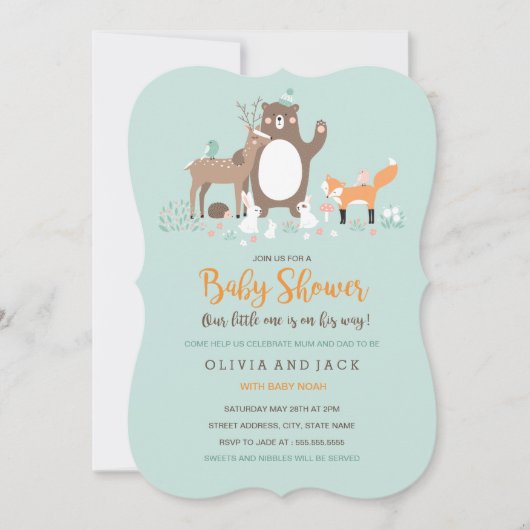 Woodland Mint en Oranje Baby shower Invite Kaart (Voorkant)