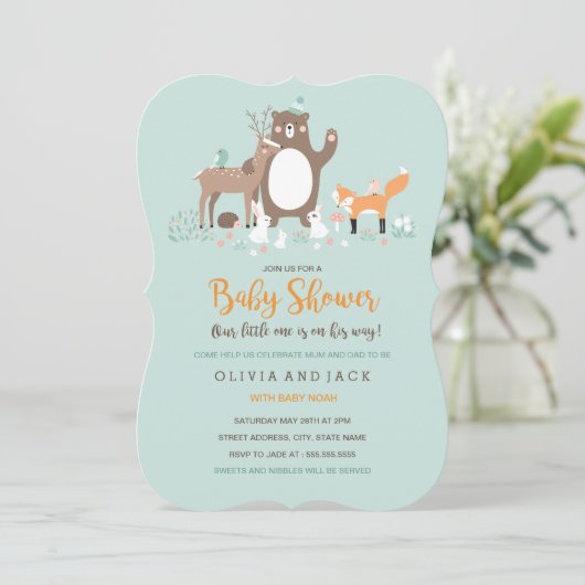 Woodland Mint en Oranje Baby shower Invite Kaart (Staand voorkant)