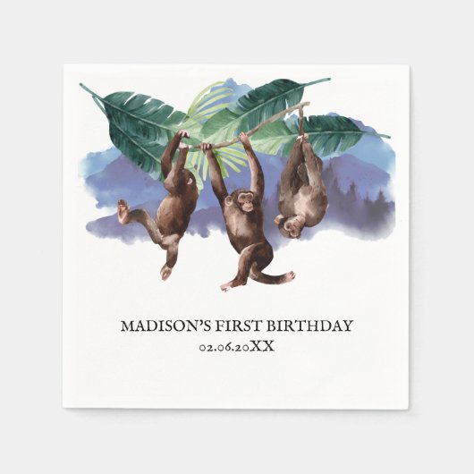 Woodland Monkey Verjaardag gepersonaliseerd Servet (Voorkant)