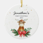Woodland Moose Baby's Eerste Kerstmis Keramisch Ornament (Voorkant)