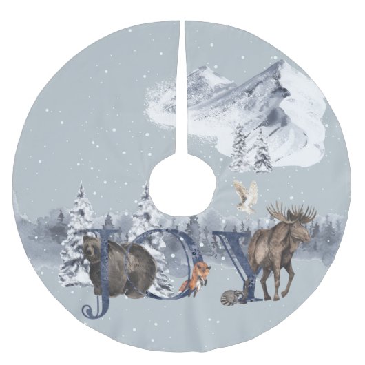 Woodland Moose Beer Snow JOY Mountain Scene Kerstboom Rok (Voorkant)