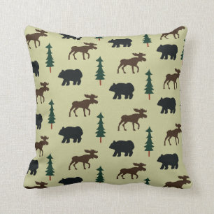 Woodland Moose en Beer Rustic Pillow - Green Kussen