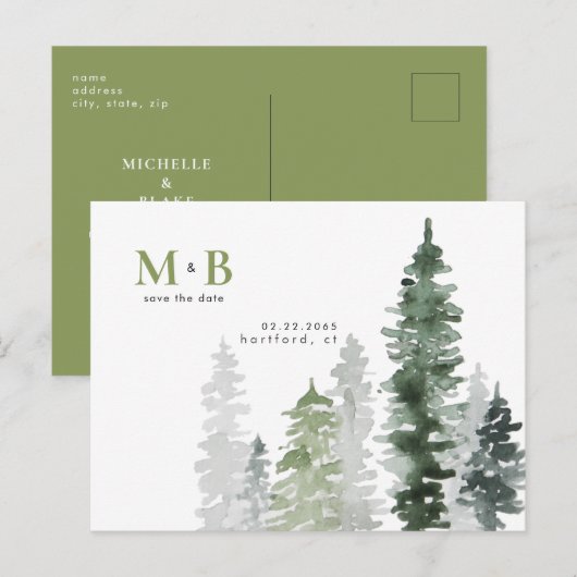 Woodland Mosgroene Monogram Save the Date Briefkaart (Voorkant / Achterkant)